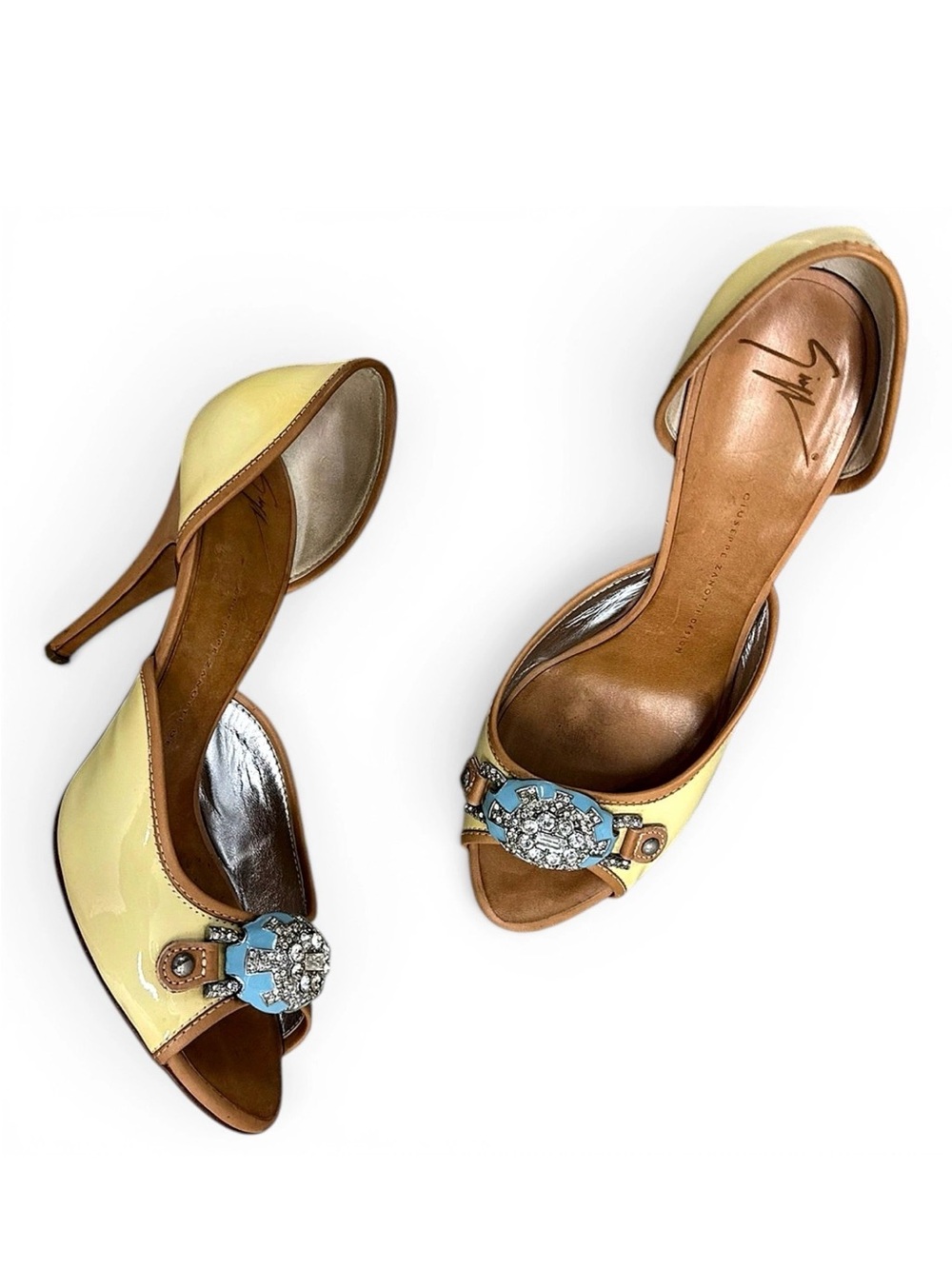 Giuseppe Zanotti Yellow Leather Open-Toe Heels with Crystal Accent